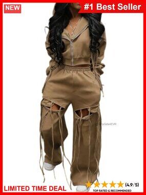 Women 2 Piece Hoodie Sweatsuit Set Wide Leg Ripped Pants